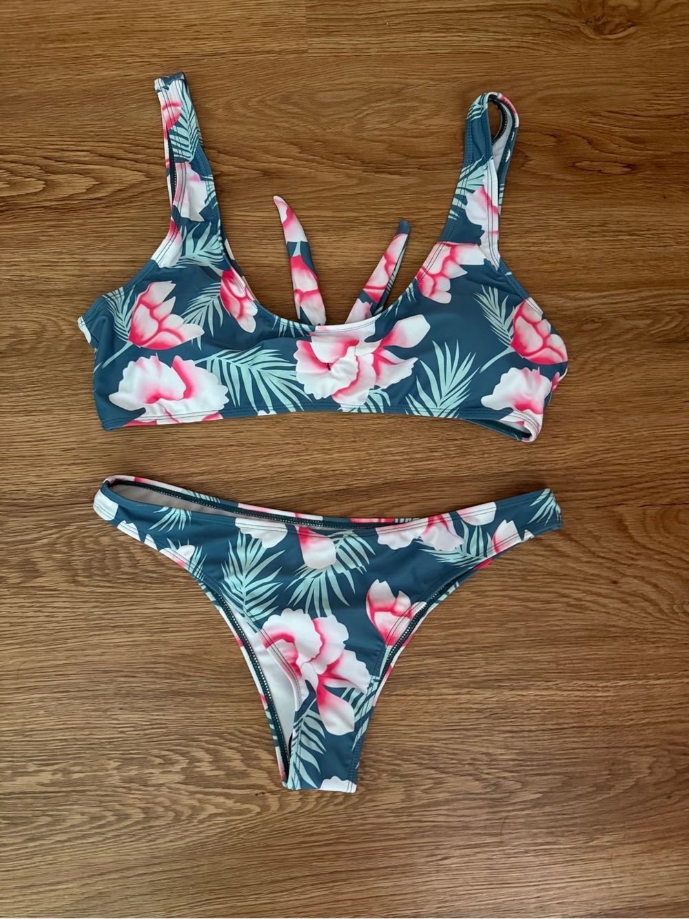 SHEIN Blue Floral Bikini Set with Pink Blooms